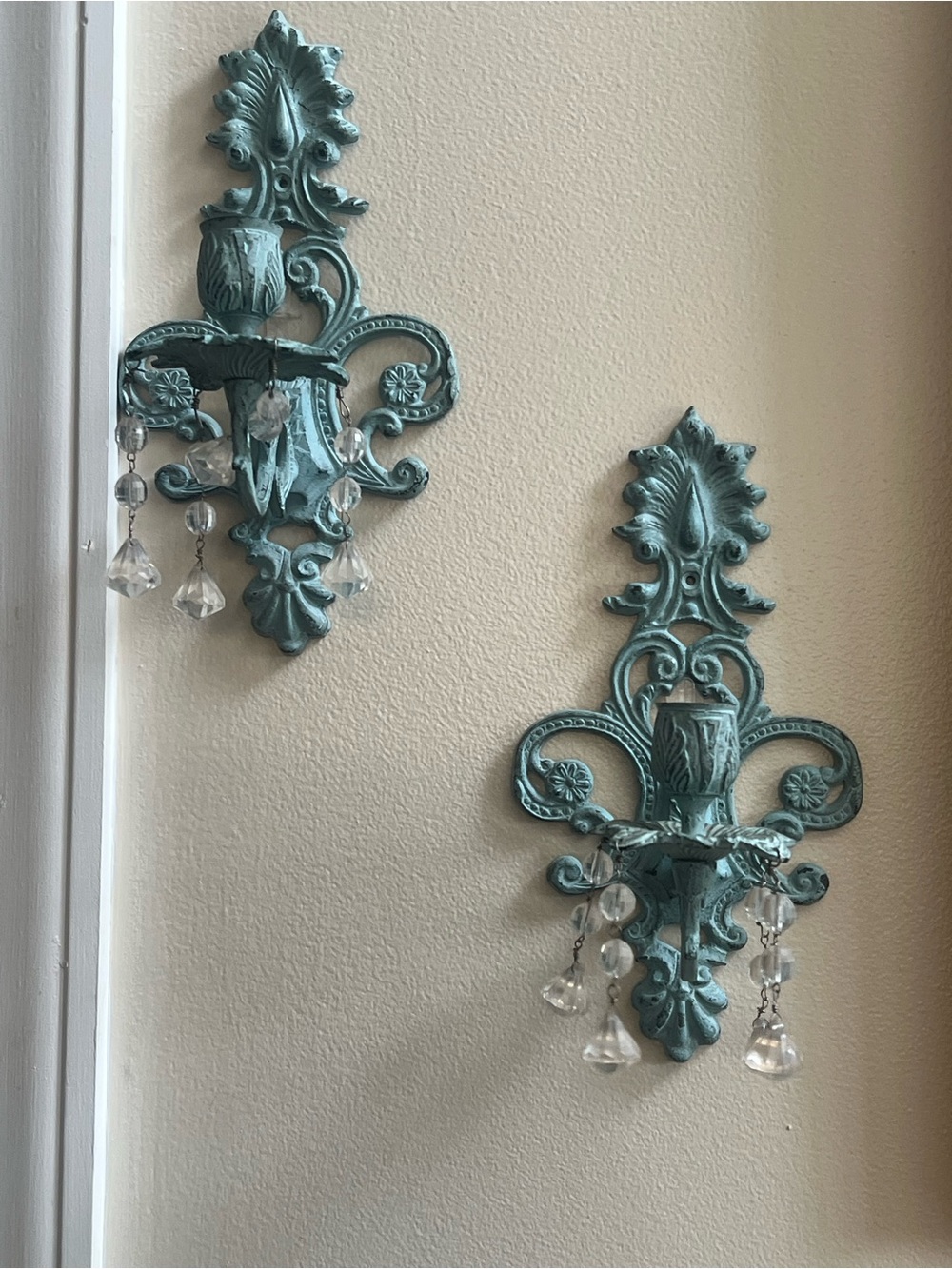 Vintage-Style Teal Wall Sconces with Crystal Drops - Home Wall Decor
